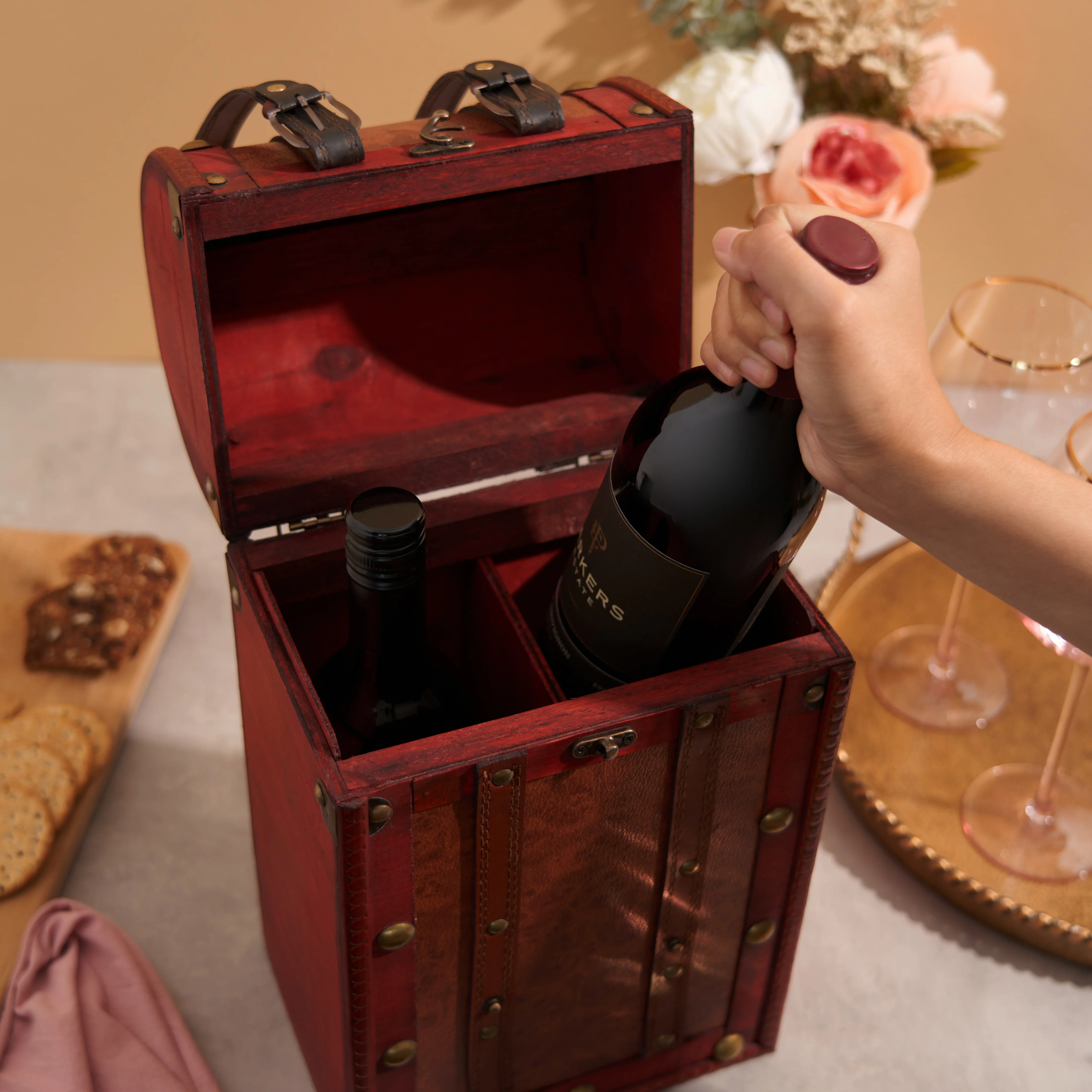 Two Bottle Antique Wooden Wine Box - Image 5