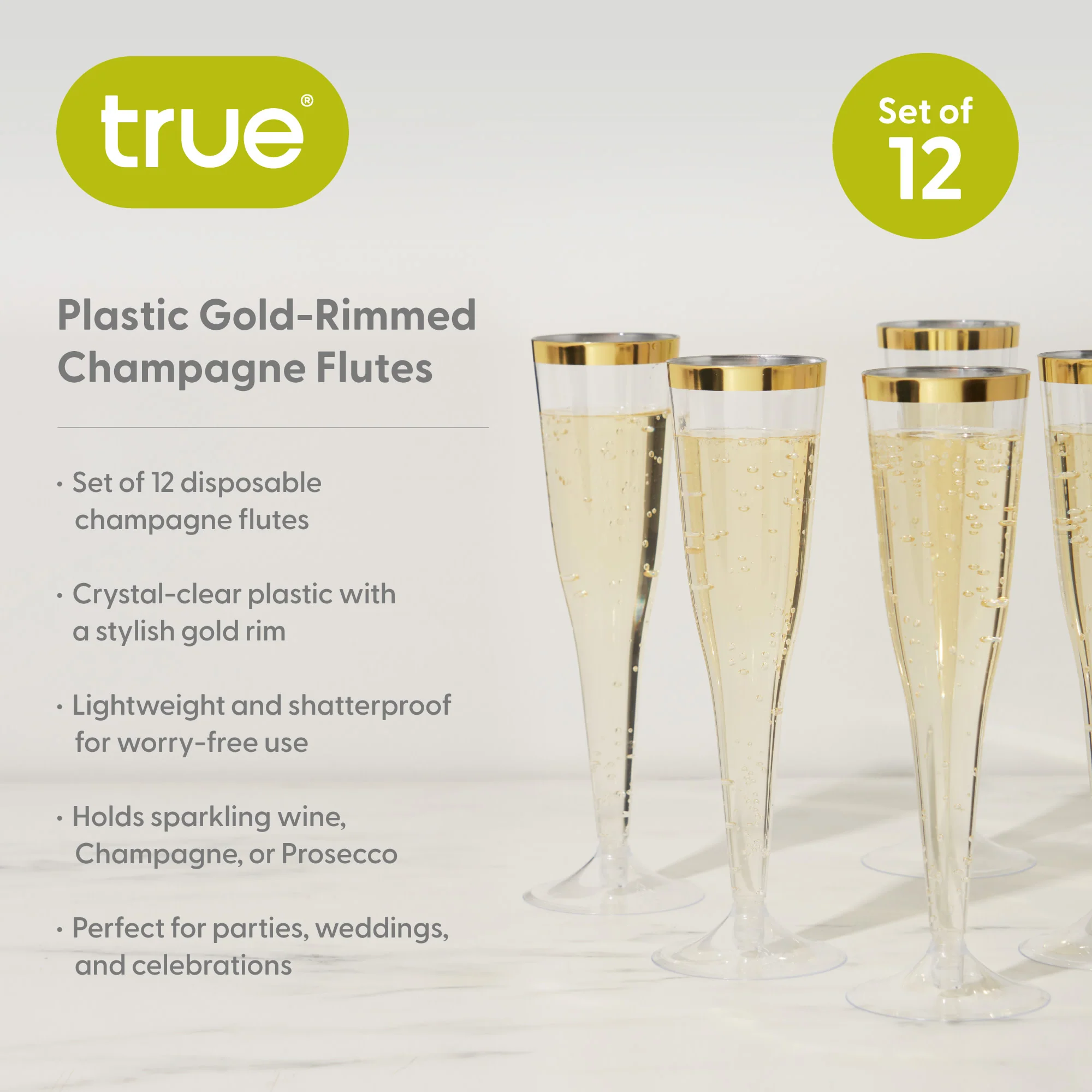 Party Plastic Gold-Rimmed Champagne Flutes, Set of 12 - Image 6