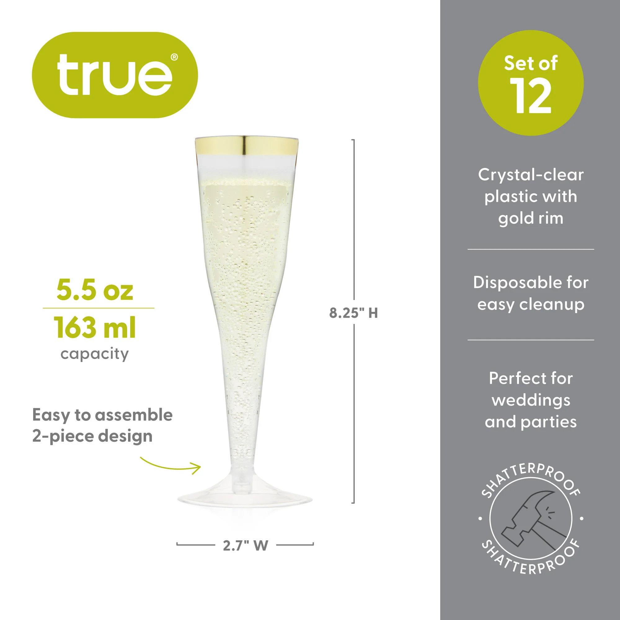Party Plastic Gold-Rimmed Champagne Flutes, Set of 12 - Image 7