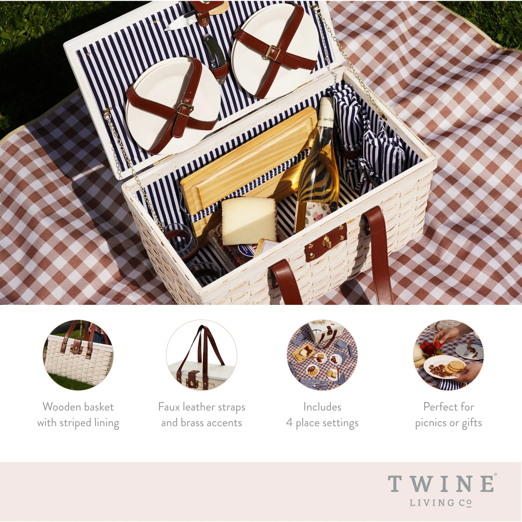 Tahoe Picnic Basket Set for Four in Cream - Image 6