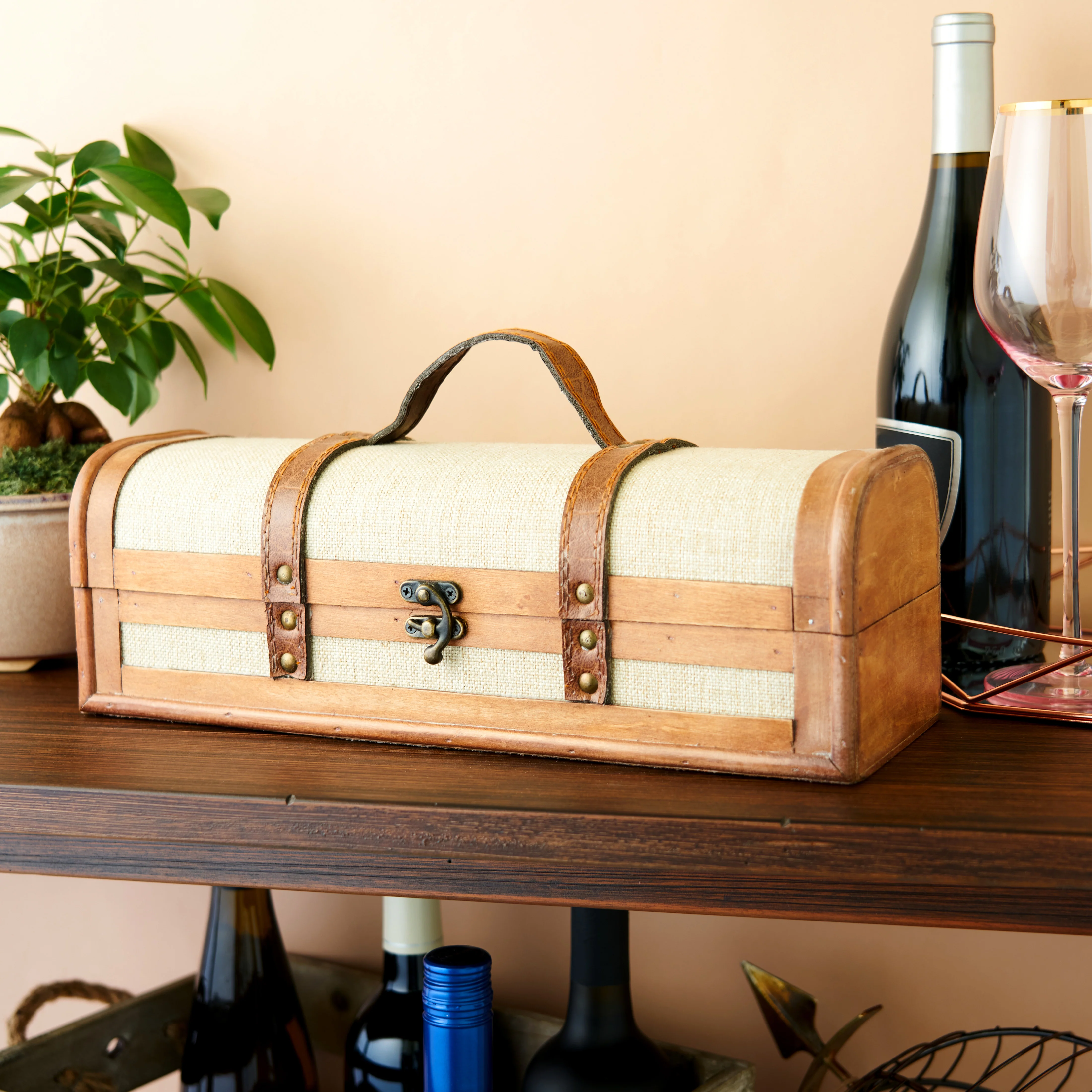 Single Bottle Vintage Striped Trunk Wine Box - Image 4